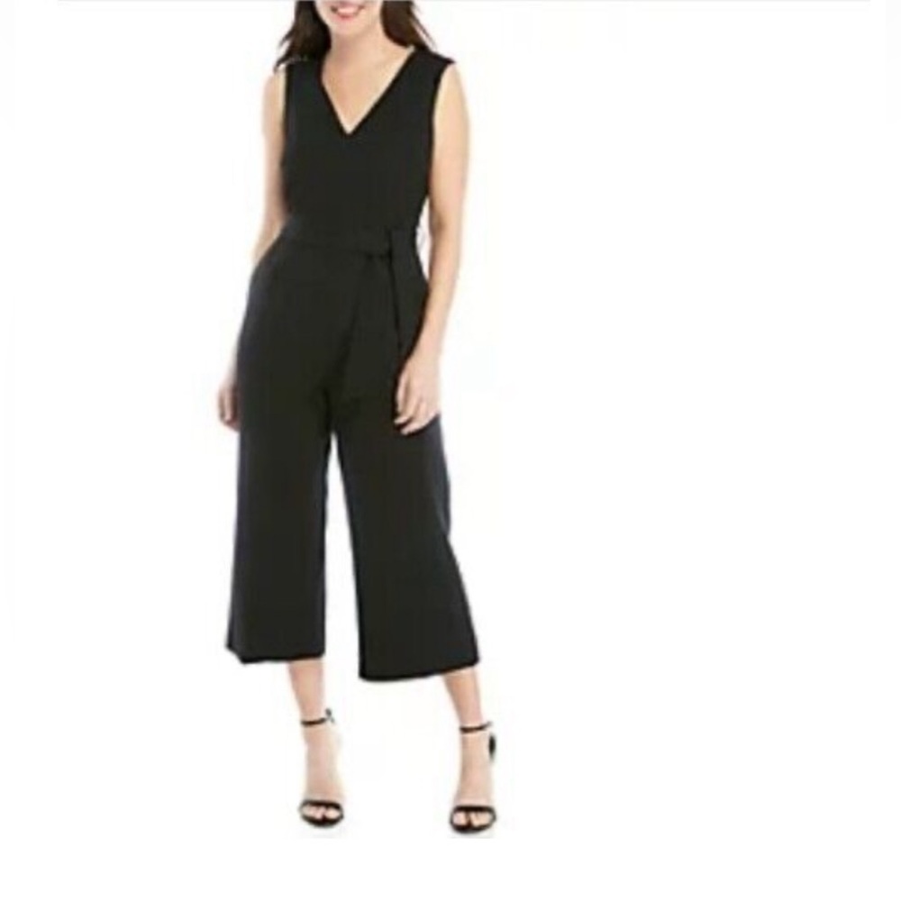 Tahari V-neck cropped black jumpsuit with tie belt